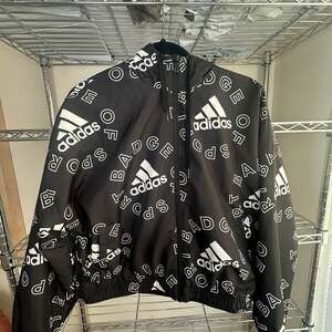Adidas Black & White All-Over Print Badge of Sport Windbreaker Jacket